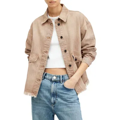 Allsaints Hettie Raw Hem Denim Shacket In Sand Brown