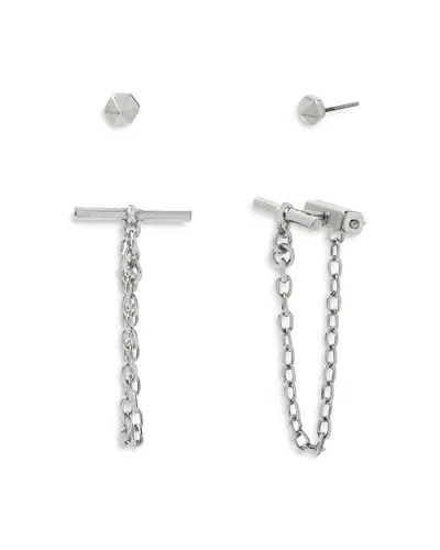 Allsaints Hexagon Stud & Bar Front To Back Earrings In Rhodium Plated, Set Of 2 In Silver