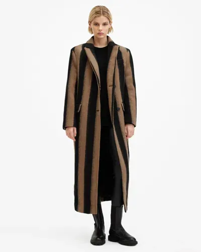 Allsaints James Wool Blend Striped Maxi Coat In Brown/black