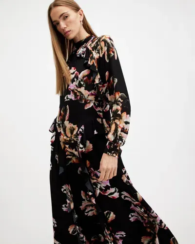 Allsaints Jessica Floral Print Ruffle Maxi Dress In Monica Petal Pink