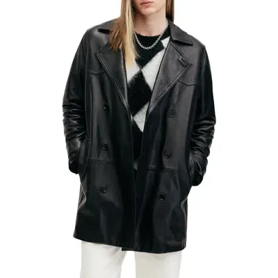 Allsaints Kessler Double Breasted Leather Coat In Black