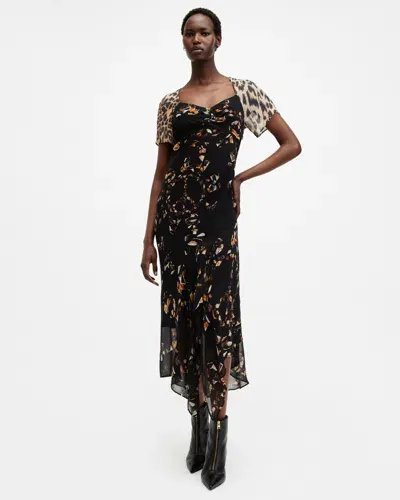 Allsaints Leah Floral Print Midi Dress In Kateri Black