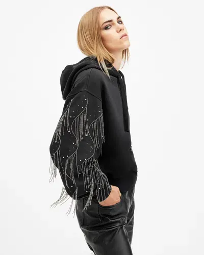 Allsaints Lennon Tassel Embellished Sleeve Hoodie In Washed Black