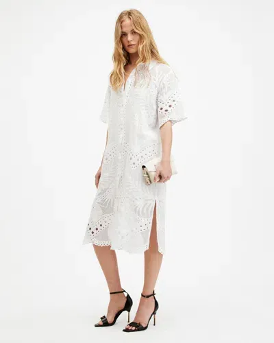 Allsaints Meria Broderie Midi Dress In Optic White