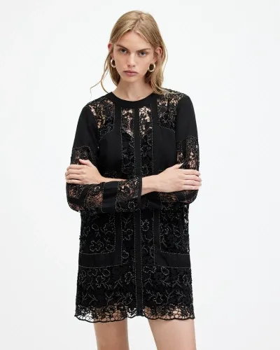 Allsaints Noush Embellished Linen Blend Mini Dress In Jet Black