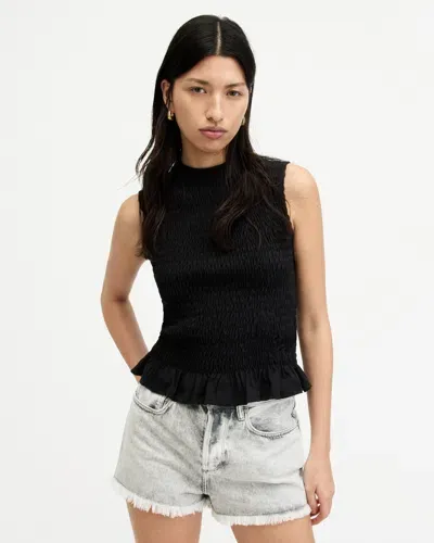 Allsaints Ode Smocked Sleeveless Tank Top In Black