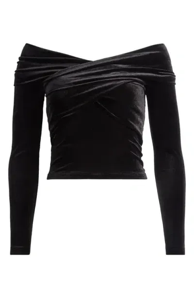 Allsaints Off The Shoulder Long Sleeve Velvet Top In Black