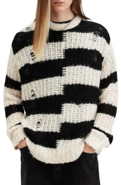 Allsaints Pip Ripped Asymmetric Stripe Alpaca Blend Crewneck Sweater In Ecru White