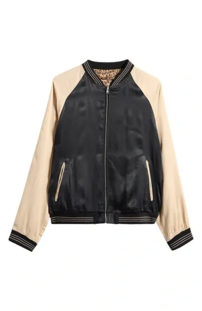 Allsaints Reversible Satin Touring Bomber Jacket In Leopard Black