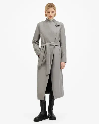 Allsaints Riley Wrap Around Belted Long Line Coat In Ultimate Grey