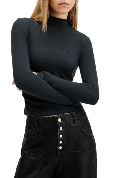 Allsaints Rina Mock Neck Long Sleeve Rib Top In Midnight Blue