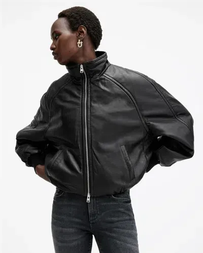 Allsaints Rowan Funnel Neck Leather Bomber Jacket In Black