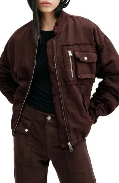 Allsaints Rue Cotton & Linen Bomber Jacket In Dark Wine Red