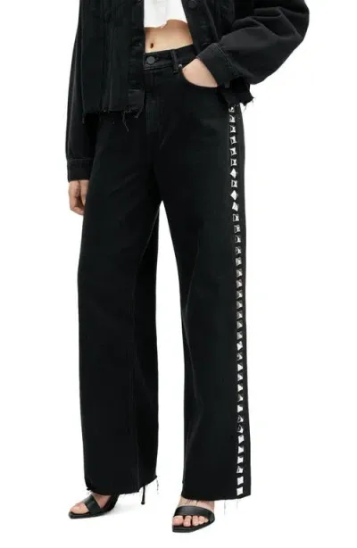 Allsaints Slake Studded Raw Hem Straight Leg Jeans In Black