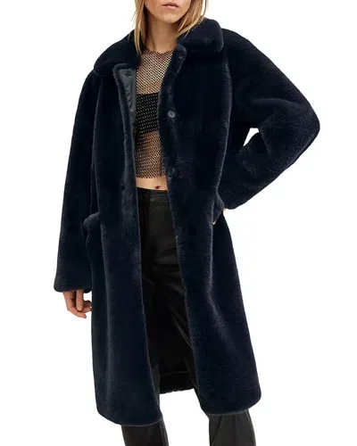 Allsaints Sora Recycled Faux Fur Relaxed Fit Coat In Navy Blue