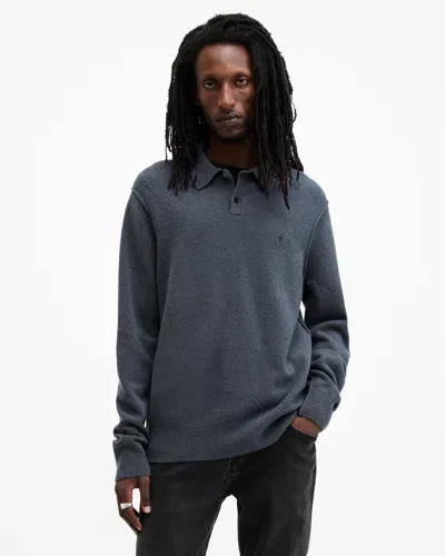 Allsaints Statten Long Sleeve Ramskull Polo Sweater In Smith Blue