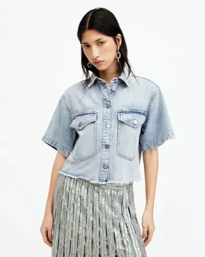 Allsaints Tove Cropped Oversized Denim Shirt In Light Indigo