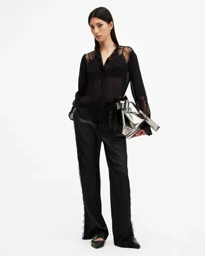 Allsaints Tyler Wide Leg Lace Trim Pants In Black