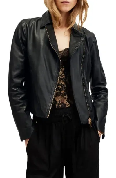 Allsaints Vela Leather Biker Jacket In Black Gold