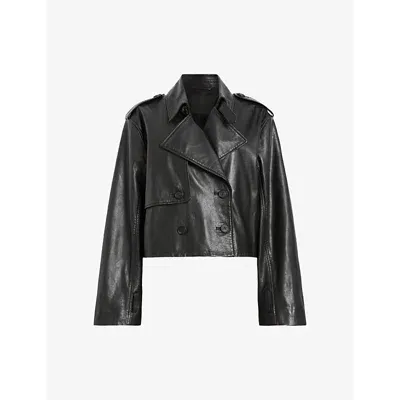 Allsaints Womens Black Hendry Relaxed-fit Cropped Leather Trench