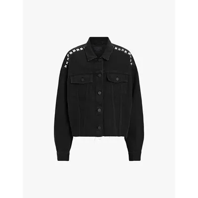 Allsaints Womens Black Piper Stud-embellished Oversized Denim Jacket