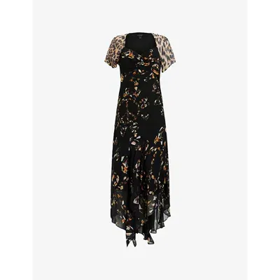 Allsaints Womens Kateri Black Lea Floral-print Short-sleeve Woven Midi Dress