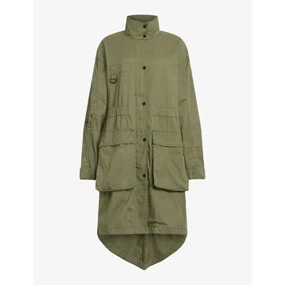 Allsaints Womens Khaki Green Milla Branded Spray-paint Print Organic-cotton Parka