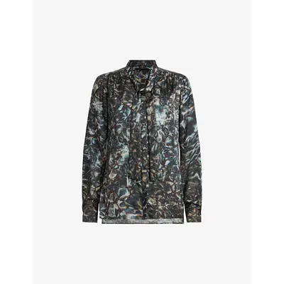 Allsaints Toni Silk Blend Caladesi Printed Shirt In Petrol Blue