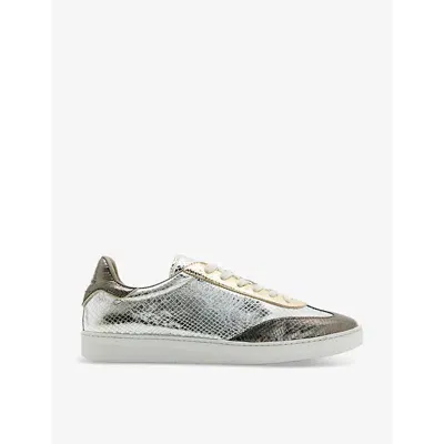 Allsaints Womens Silverthelma Logo-embossed Metallic Leather Low-top Trainers In Silver Multi