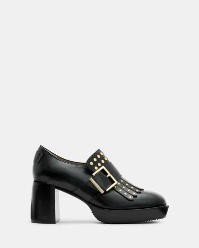 Allsaints Zia Studded Leather Heeled Loafers In Black Shine