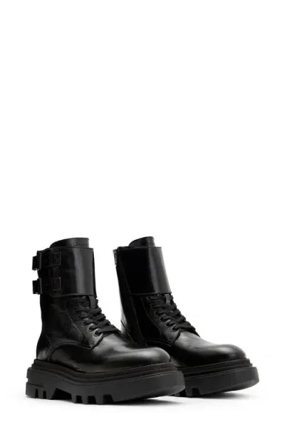 Allsaints Zoe Lace Up Chunky Leather Boots In Black Shine