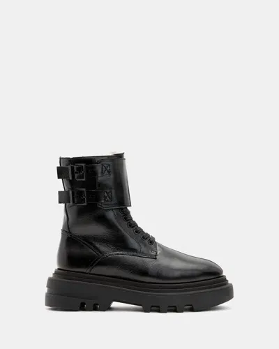 Allsaints Zoe Lace Up Shearling Lined Leather Boots In Black Shine