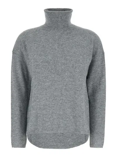 Allude Grey High Neck Sweater With Dropped Shoulders In Cashmere Woman