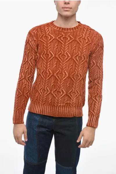 Altea Crew Neck Treccia Aran Virgin Wool Sweater In Brown