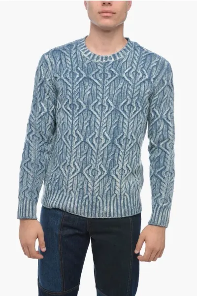 Altea Crew Neck Treccia Aran Virgin Wool Sweater In Blue