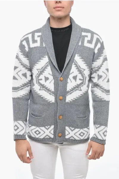 Altea Wool Blend Azteco Cardigan With Geometric Pattern In Gray