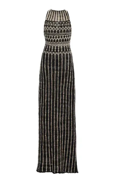 Altuzarra Cole Intarsia-knit Flax Maxi Dress In Black,white