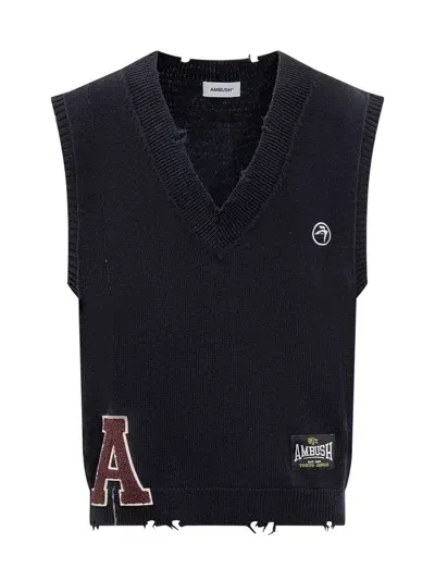 Ambush Logo Patch Raw Edge Knitted Vest In Navy