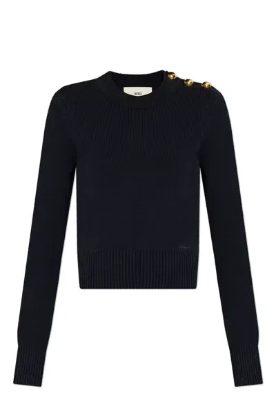 Ami Alexandre Mattiussi Ami Button Embellished Crewneck Knitted Jumper In Blue