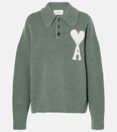 Ami Alexandre Mattiussi Ami De Caur Wool-blend Polo Sweater In Green