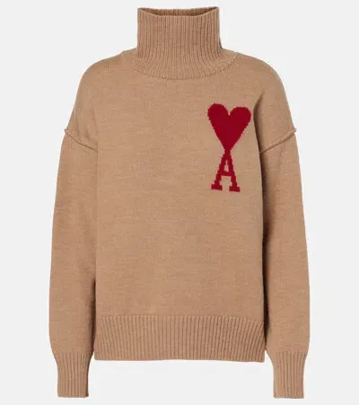 Ami Alexandre Mattiussi Ami De Caur Wool Turtleneck Sweater In Camel Red