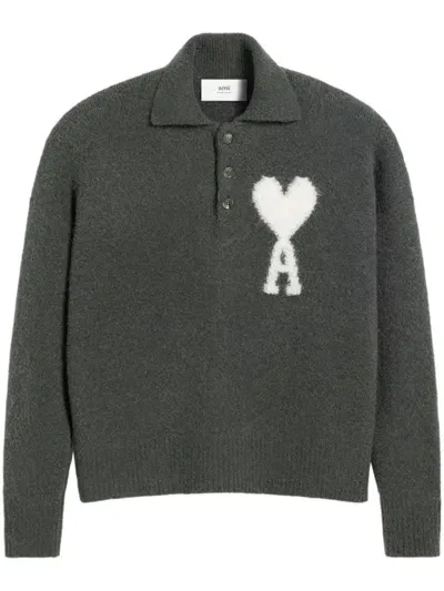 Ami Alexandre Mattiussi Ami De Coeur Alpaca-blend Polo Jumper In Dark Grey