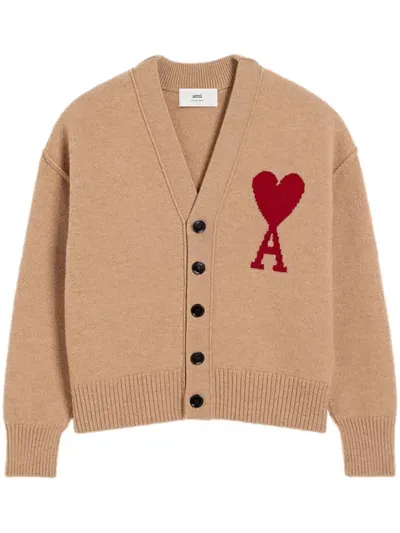 Ami Alexandre Mattiussi Ami De Coeur Cardigan Men Caramel In Wool In Brown