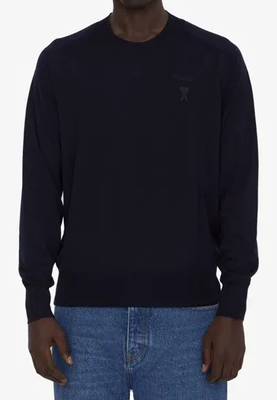 Ami Alexandre Mattiussi Ami Logo Embroidered Crewneck Sweater In Blue