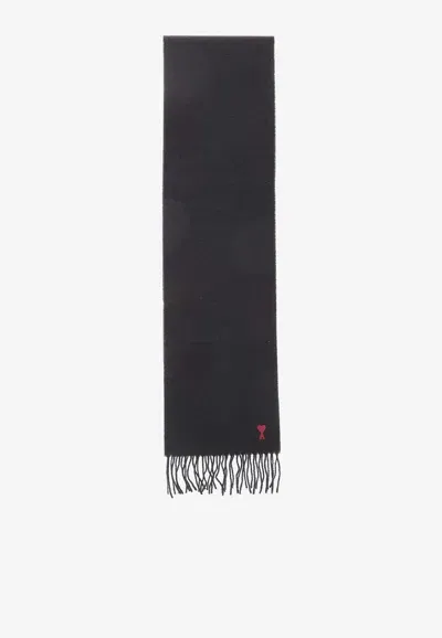 Ami Alexandre Mattiussi Ami De Coeur Embroidered Wool Scarf In Black