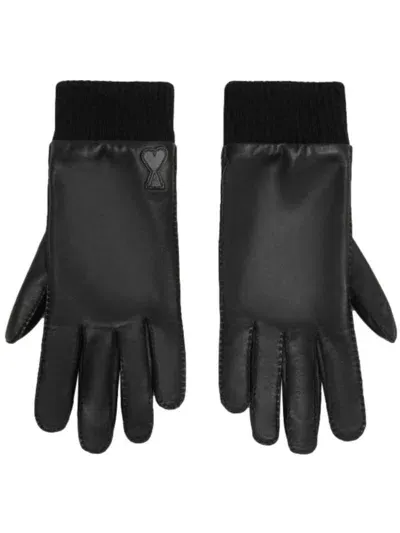 Ami Alexandre Mattiussi Ami De Coeur Leather Gloves In Black