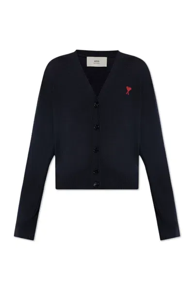 Ami Alexandre Mattiussi Ami De Coeur Logo Embroidered Buttoned Cardigan In Navy