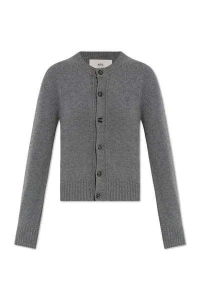 Ami Alexandre Mattiussi Ami De Coeur Logo Embroidered Knit Cardigan In Grey