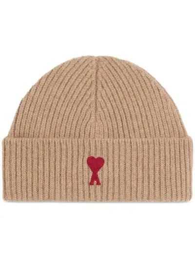 Ami Alexandre Mattiussi Ami De Coeur Ribbed Wool Beanie In Camel/red