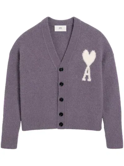 Ami Alexandre Mattiussi Ami De Coeur Wool Blend Cardigan In Lilac